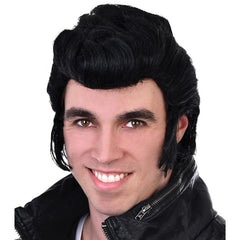 Black rock and roll wig with quiff and attached sideburns