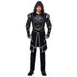 Dark Assassin Costume for adult men with black hooded robe and grey fantasy detailing
