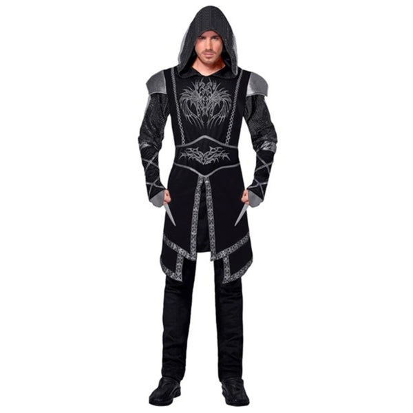 Dark Assassin Costume for adult men with black hooded robe and grey fantasy detailing