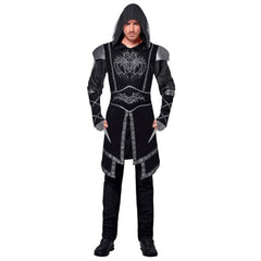 Dark Assassin Costume for adult men with black hooded robe and grey fantasy detailing