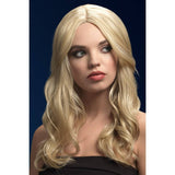 Dark blonde fever khloe wig, long blonde with soft curls and center part.