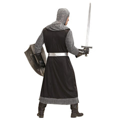 Adult wearing a dark crusader costume with black tunic and hood for Book Week and medieval themed events