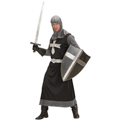 Adult wearing a dark crusader costume with black tunic and hood for Book Week and medieval themed events