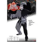 Dark jester costume, half black the other black and white diamond print, includes top, pants and hat.