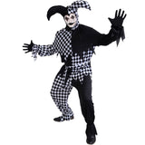 Adult Dark Jester costume with split black and checkered top, pants, and headpiece – ideal for Halloween or creepy carnival themes