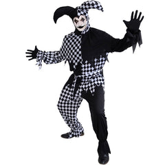 Adult Dark Jester costume with split black and checkered top, pants, and headpiece – ideal for Halloween or creepy carnival themes