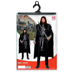 Dark knight medieval costume with long coat, cape and arm guards