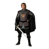Dark Knight Medieval Costume – Hire, black tunic with chainmail cowl and cape, Brisbane