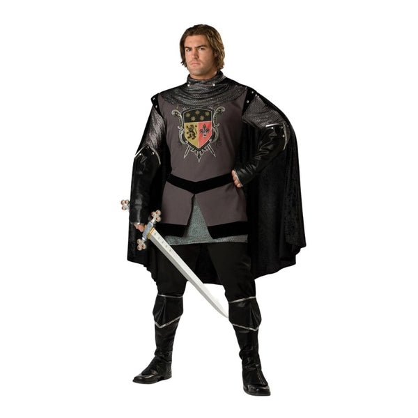 Dark Knight Medieval Costume – Hire, black tunic with chainmail cowl and cape, Brisbane