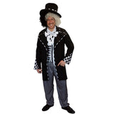 Dark Mad Hatter mens costume with black jacket, striped pants, bow tie and top hat