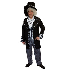 Dark Mad Hatter mens costume with black jacket, striped pants, bow tie and top hat
