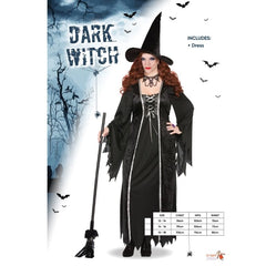 Dark Witch Ladies Halloween Costume - Plus, dress with lacing at bodice, silver trim, long dress flowing sleeves and jagged hemline.
