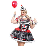 Person in a clown costume holding a red balloon on a white background