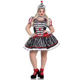 Person wearing a harlequin clown costume on a white background