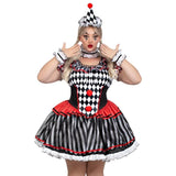 Person wearing a clown costume with black, white, and red patterns on a white background