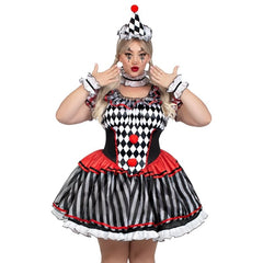 Person wearing a clown costume with black, white, and red patterns on a white background