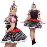 Two views of a person wearing a clown costume with red, black, and white colors.