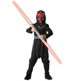 Boy wearing an officially licensed Star Wars Darth Maul deluxe costume with padded jumpsuit, cape and mask