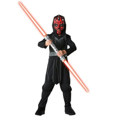 Boy wearing an officially licensed Star Wars Darth Maul deluxe costume with padded jumpsuit, cape and mask