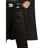 Child wearing Darth Vader classic costume featuring printed jumpsuit, chest panel, belt, and knee-length black cape.
