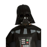Close-up of Star Wars child Darth Vader costume showing moulded mask, digitally printed chest panel, and attached black cape.