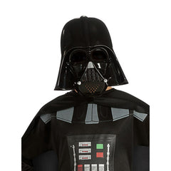 Child Darth Vader Costume with printed black jumpsuit, detachable cape, and moulded face mask with elastic strap.