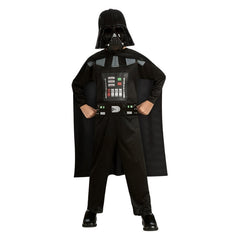 Child Darth Vader Costume with printed black jumpsuit, detachable cape, and moulded face mask with elastic strap.