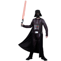 Adult Darth Vader Star Wars costume front view with jumpsuit, cape and mask