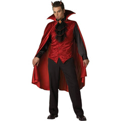 Dashing devil men’s Halloween costume with red satin cape and horns for hire in Brisbane