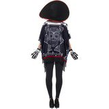 Costume with skull design, black hat, and black leggings on a white background