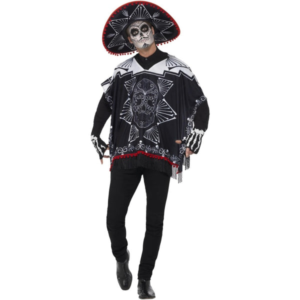 Day of the Dead Bandit costume with poncho, sombrero, and gloves – Mexican fiesta outfit