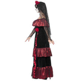 Day of the Dead Bride Costume, long dress with frills in black and red plus rose headband.