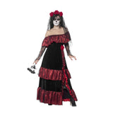 Day of the Dead Bride Costume, long dress with frills in black and red plus rose headband.