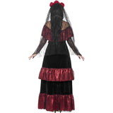 Day of the dead long dress with red frills and long lace veil