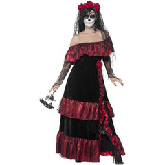Day of the Dead bride costume with long frilled dress and lace veil with roses
