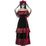 Day of the Dead bride costume with long frilled dress and lace veil with roses