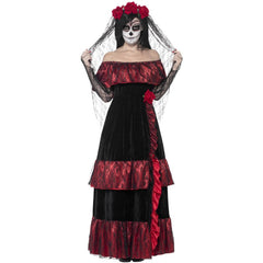 Day of the Dead bride costume with long frilled dress and lace veil with roses