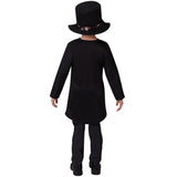 Day of the dead child costume, black tail cost with printed lapel.