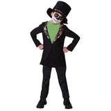 Day of the dead jacket with mock green shirt, and oversized top hat with trim.