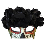 Black Day of the Dead eye mask with sugar skull pattern and black flower detail, adult costume accessory for women
