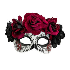 Day of the Dead Floral Eye Mask with Burgundy and Black Roses – Front View