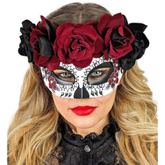 Day of the Dead Floral Eye Mask with Burgundy and Black Roses – Front View