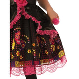 Day of the dead costume, printed skull skirt, pink lace trim and rose at waist.