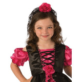 day of the dead girls costume, off the shoulder puff sleeves, headband with fabric rose and lace tulle veil.