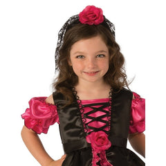 Day of the dead girls halloween costume by rubies, dress with corset look at the bodice, printed skirt  with black peplum with lace trim, pink mock blouse.