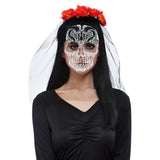 Day of the Dead Headband W/Printed Veil and red/orange flowers.