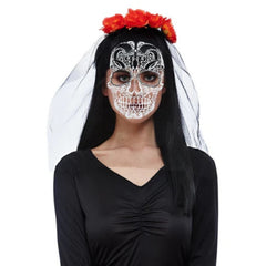 Day of the Dead Headband W/Printed Veil and red/orange flowers.