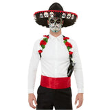 Day Of The Dead Kit - Red, printed skull and pom poms on sombrero, floral holster and red cummerbund.