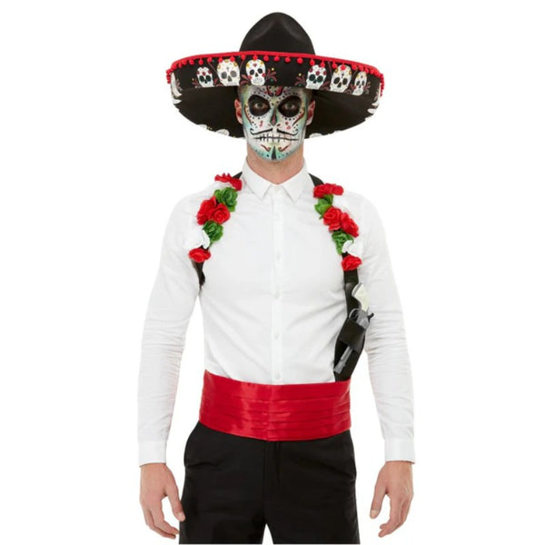 Day Of The Dead Kit - Red, printed skull and pom poms on sombrero, floral holster and red cummerbund.