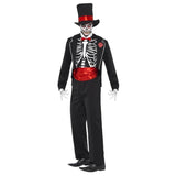 Day of the dead mens costume featuring rib cage print and red waistband